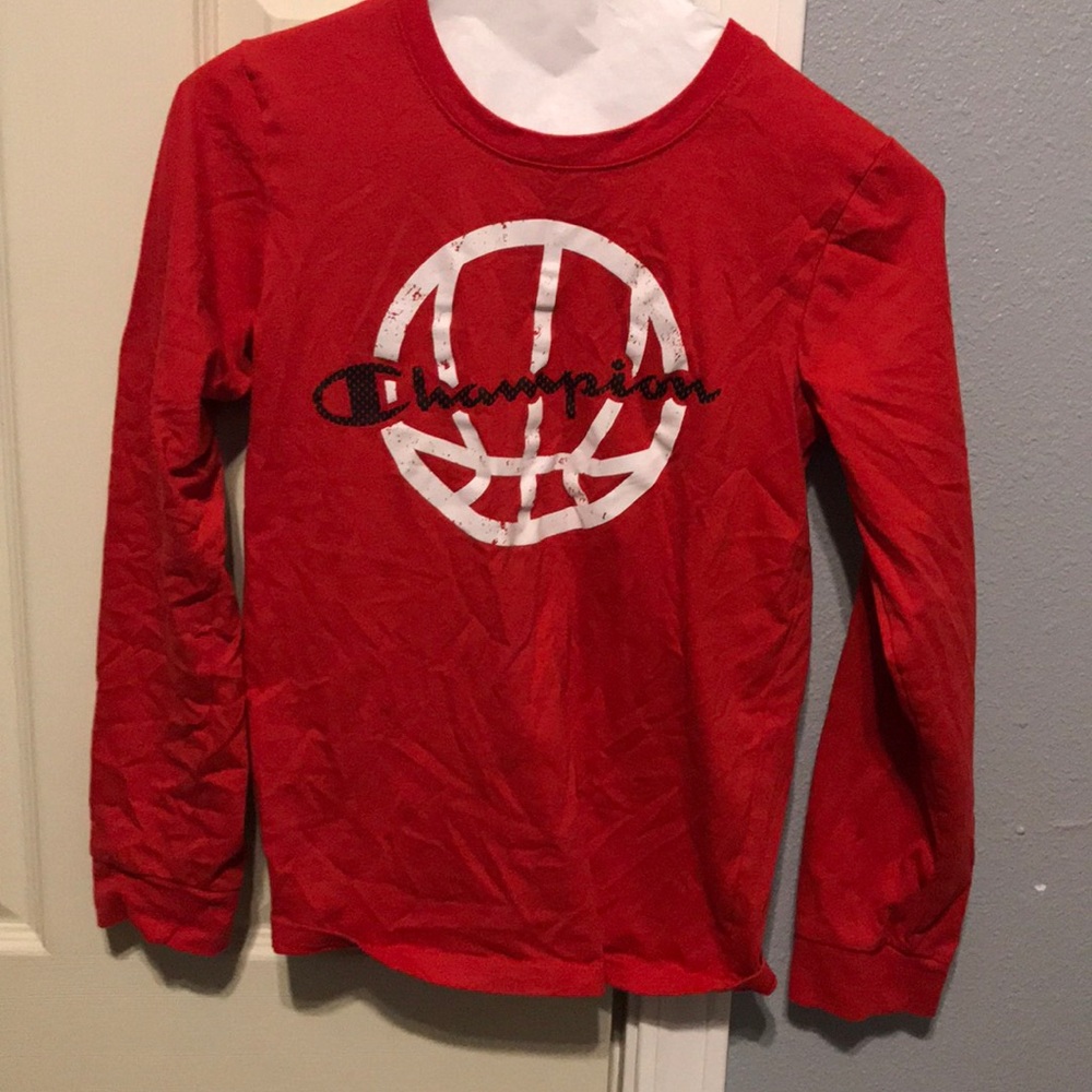red champion long sleeved tee. size 14-16).